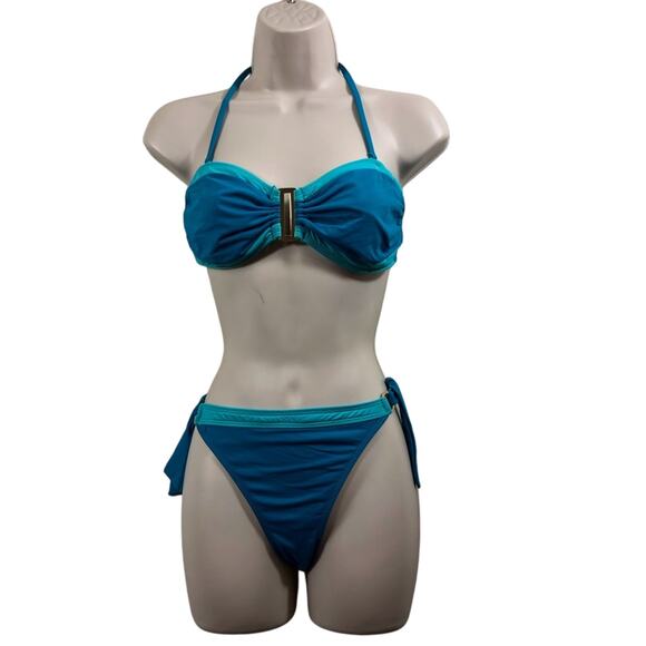 Leilani Bright Blue with Turquoise Trim Bikini Bathing Suit Gold Tone Trim - Picture 15 of 16